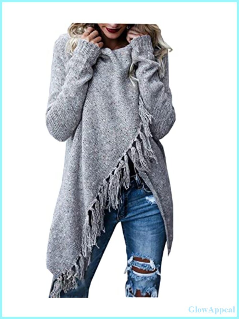 Women's Open Front Tassel Cardigan Cowl Neck Long Sleeve Wrap Knit